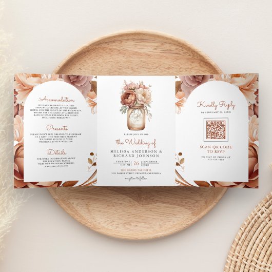 Boho Terracotta Bloemstuk Metselaarsvaas QR Code T Drieluik Uitnodiging