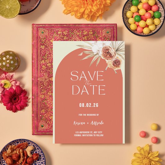 Boho Terracotta Boog Bloemen Save the Date Sjabloo