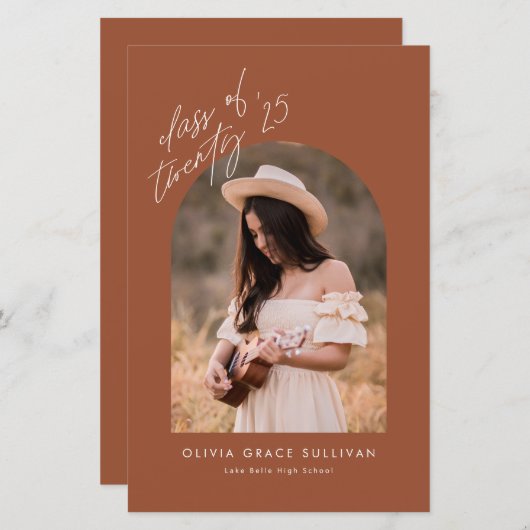 Boho Terracotta Boog Foto Afstuderen Uitnodiging (Voorkant / Achterkant)