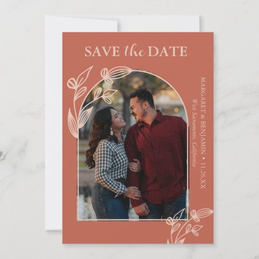 Boho Terracotta Boog Foto Bloem Save The Date (Voorkant)