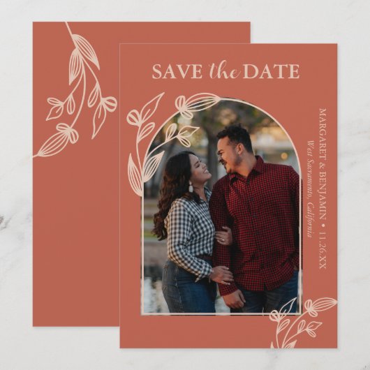 Boho Terracotta Boog Foto Bloemen Save The Date (Voorkant / Achterkant)