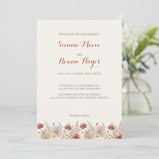Boho Terracotta Boog & Pampagras Bruiloft Kaart (Staand voorkant)