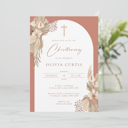 Boho Terracotta Boog Pampas Gras Doopfeest Kaart (Staand voorkant)