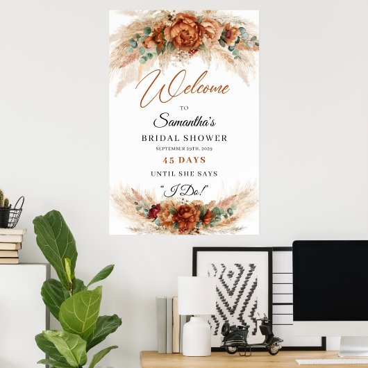 Boho terracotta bordeaux bloemenpampas Tel omlaag Poster (Thuiskantoor)