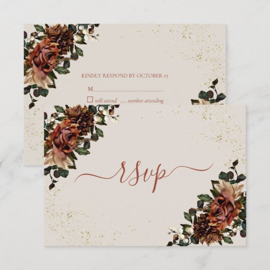 Boho Terracotta Botanische Bloemen Goud RSVP Kaartje (Voorkant / Achterkant)
