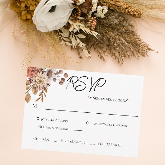 Boho Terracotta Bruin Bloemstuk Bruiloft  RSVP Kaartje