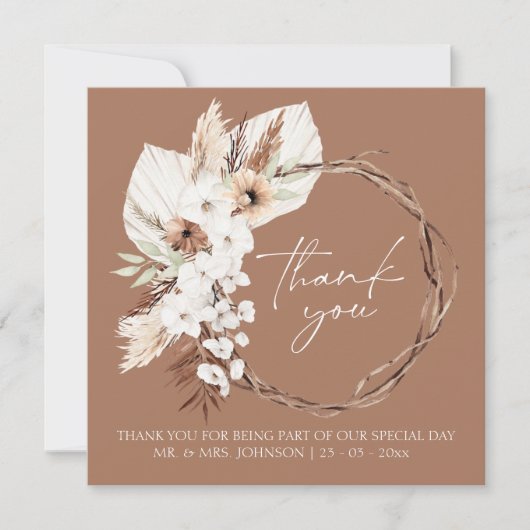 Boho Terracotta Bruin Gedroogde Bloemenkrans Bruil Bedankkaart (Voorkant)