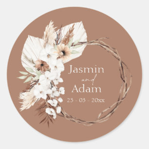 Boho Terracotta Bruin Gedroogde Bloemenkrans Bruil Ronde Sticker