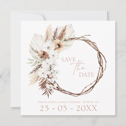 Boho Terracotta Bruin Gedroogde Bloemenkrans Bruil Save The Date (Voorkant)