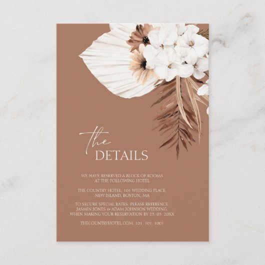 Boho Terracotta Bruin Pampas Gras Bloemen Bruiloft Informatiekaartje (Voorkant)