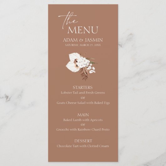 Boho Terracotta Bruin Pampas Gras Bloemen Bruiloft Menu (Voorkant)