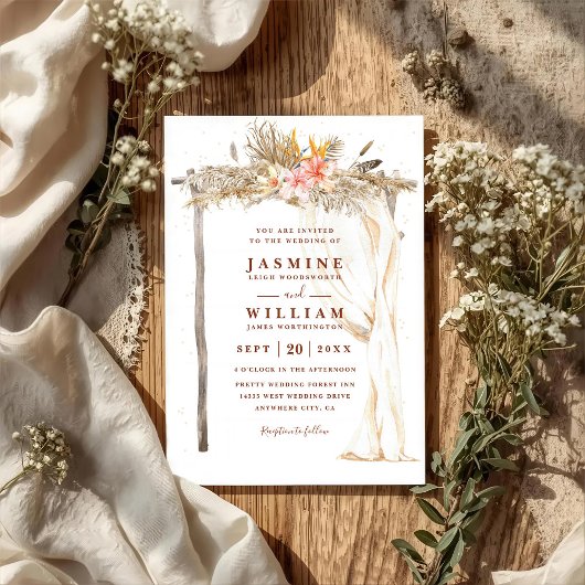 Boho Terracotta Canopy Floral Chic QR Code Wedding Kaart