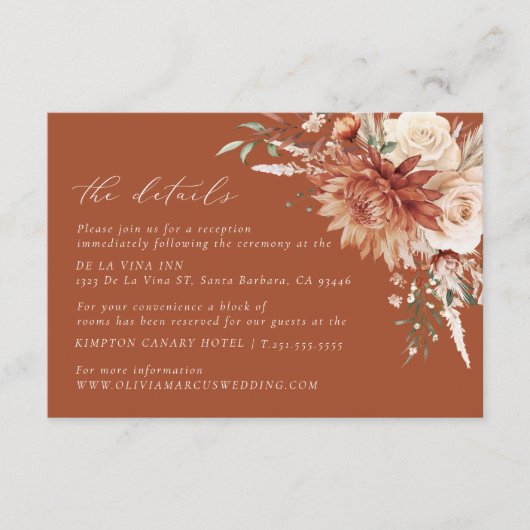 Boho Terracotta Dahlia Floral Elegant Bruiloft Informatiekaartje (Voorkant)