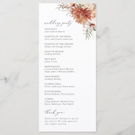 Boho Terracotta Dahlia Roos Bruiloft Programmakaart (Achterkant)