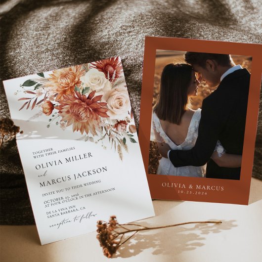Boho Terracotta Dahlia Roos bruiloft uitnodiging