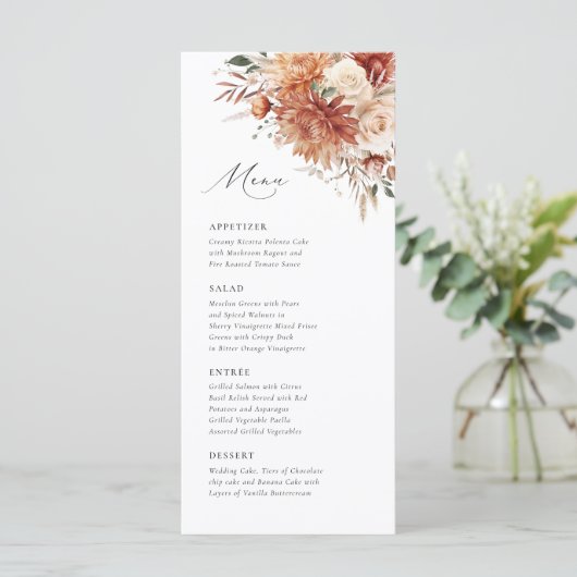 Boho Terracotta Dahlia Roos Elegante bruiloft Menu (Staand voorkant)