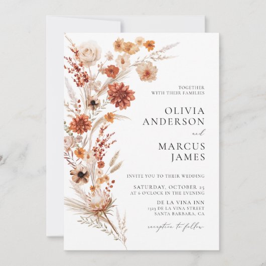 Boho Terracotta Dahlia Wildflower Elegante bruilof Kaart (Voorkant)