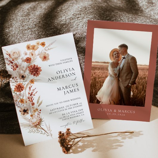 Boho Terracotta Dahlia Wildflower Elegante bruilof Kaart