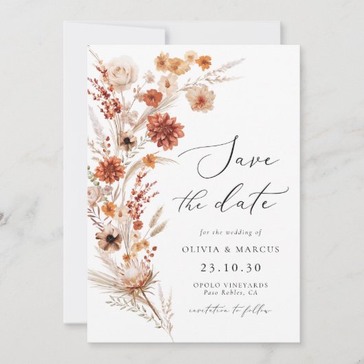 Boho Terracotta Dahlia Wildflower Elegante bruilof Save The Date (Voorkant)