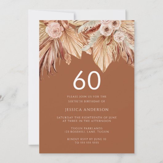 Boho Terracotta Dried Floral 60th Birthday Party Kaart (Voorkant)