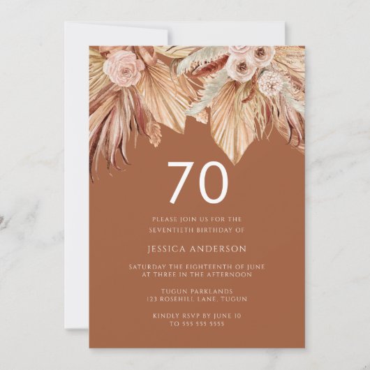 Boho Terracotta Dried Floral 70th Birthday Party Kaart (Voorkant)