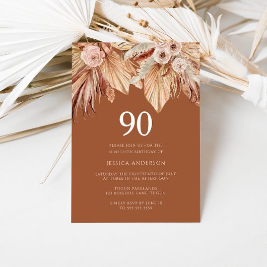 Boho Terracotta Dried Floral 90th Birthday Party Kaart