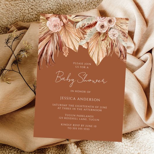 Boho Terracotta Dried Floral Baby shower Kaart