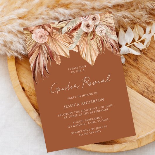 Boho Terracotta Dried Floral Gender Revee Party Kaart