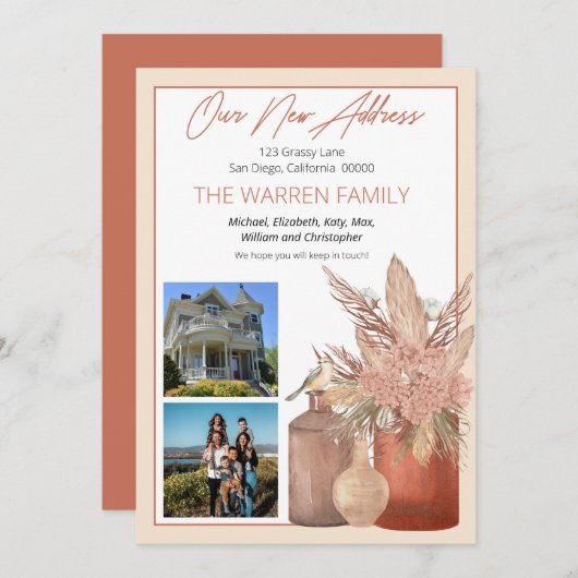 Boho Terracotta Dried Grasses Floral Photo Moving Aankondiging (Voorkant / Achterkant)