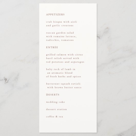 Boho Terracotta Elegant Minimalist Wedding Menu (Achterkant)