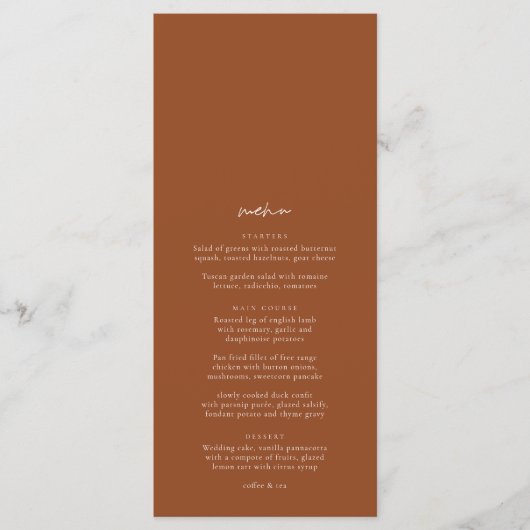 Boho Terracotta Elegant Minimalist Wedding Menu (Voorkant)