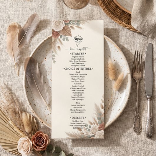 Boho Terracotta Elegant Roses Wedding Menu