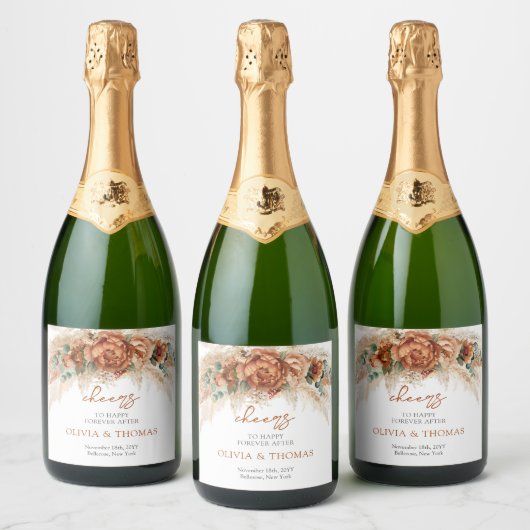 Boho Terracotta en bordeaux bloemen pampas gras Sparkling Wijnetiket (Flessen)