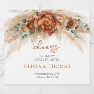 Boho Terracotta en bordeaux bloemen pampas gras Sparkling Wijnetiket