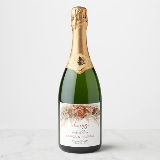 Boho Terracotta en bordeaux bloemen pampas gras Sparkling Wijnetiket (Voorkant)