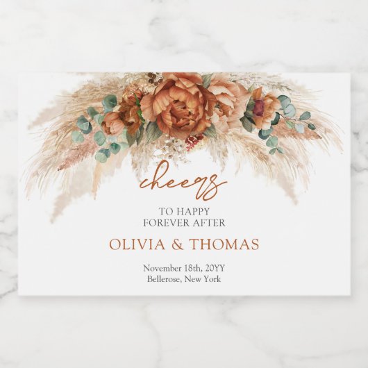 Boho Terracotta en bordeaux bloemen pampas gras Sparkling Wijnetiket (Enkel label)