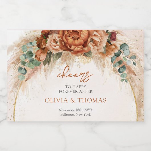 Boho Terracotta en bordeaux bloemen pampas gras Sparkling Wijnetiket (Enkel label)