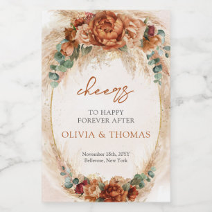 Boho Terracotta en bordeaux bloemen pampas gras Wijn Etiket