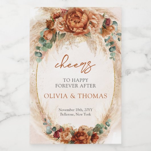 Boho Terracotta en bordeaux bloemen pampas gras Wijn Etiket (Enkel label)