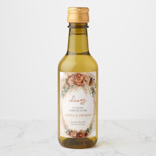 Boho Terracotta en bordeaux bloemen pampas gras Wijn Etiket (Voorkant)