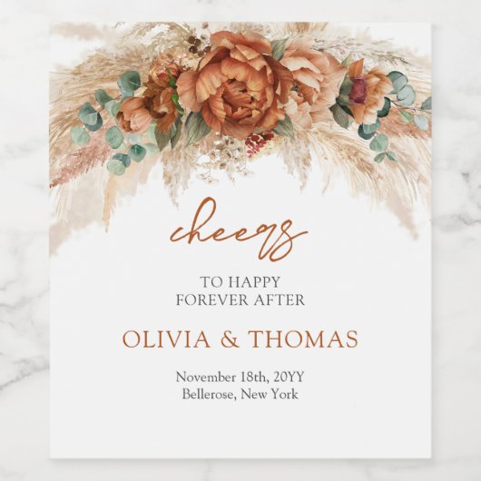 Boho Terracotta en bordeaux bloemen pampas gras Wijn Etiket (Enkel label)