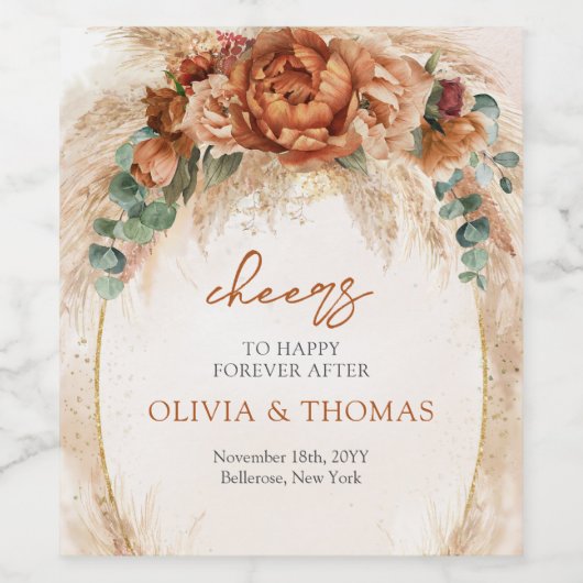 Boho Terracotta en bordeaux bloemen pampas gras Wijn Etiket (Enkel label)