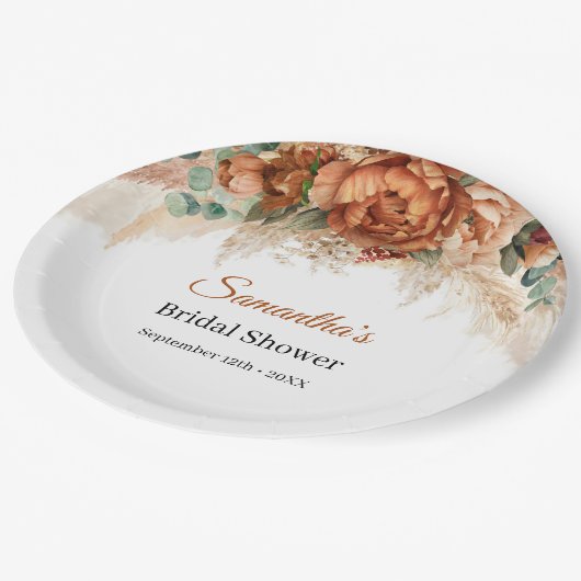 Boho terracotta en bordeaux bloemenpampa's papieren bordje (Gekanteld)