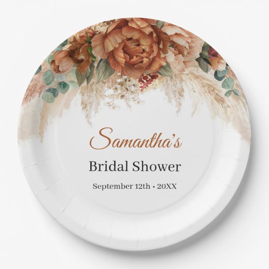 Boho terracotta en bordeaux bloemenpampa's papieren bordje (Voorkant)