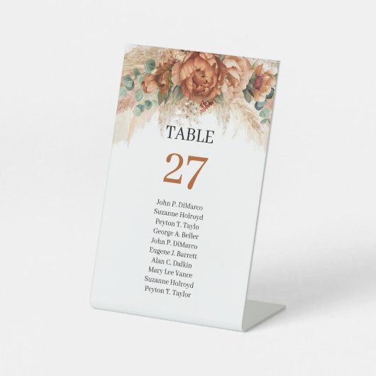 Boho Terracotta en bordeauxrode bloemen gast naam Reclamebord Met Voetstuk (Voorkant)