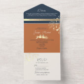 Boho Terracotta en Navy Blue Floral Wedding All In One Uitnodiging (Binnen)