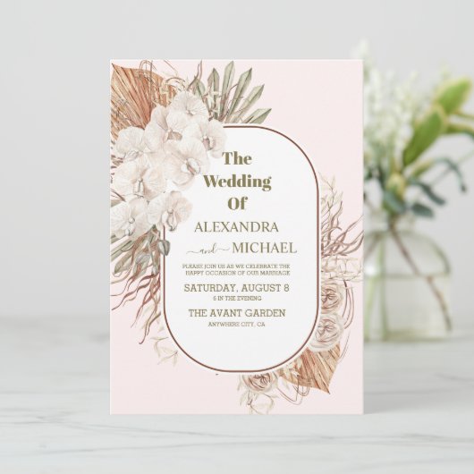 boho terracotta en pamdoorgras bruiloft kaart (Staand voorkant)