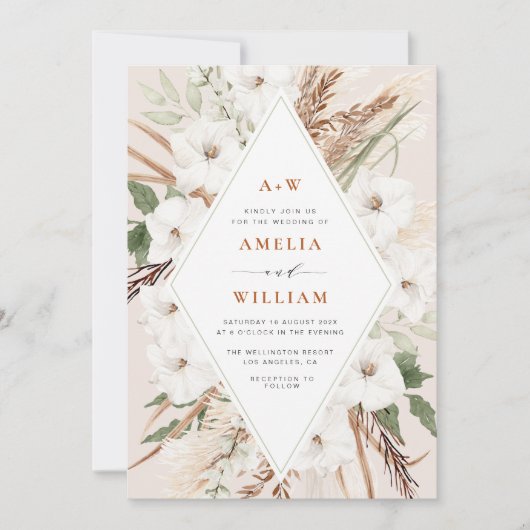 boho terracotta en pamdoorgras bruiloft kaart (Voorkant)