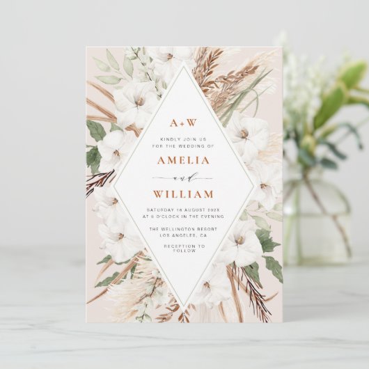 boho terracotta en pamdoorgras bruiloft kaart (Staand voorkant)