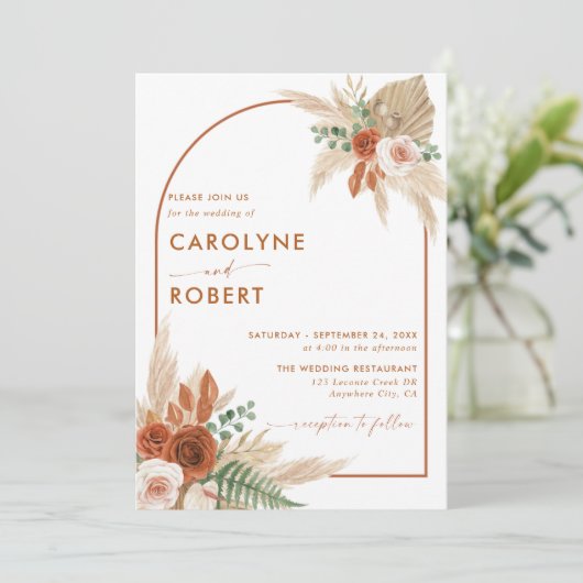 Boho Terracotta en Pampas Grass bruiloft Kaart (Staand voorkant)